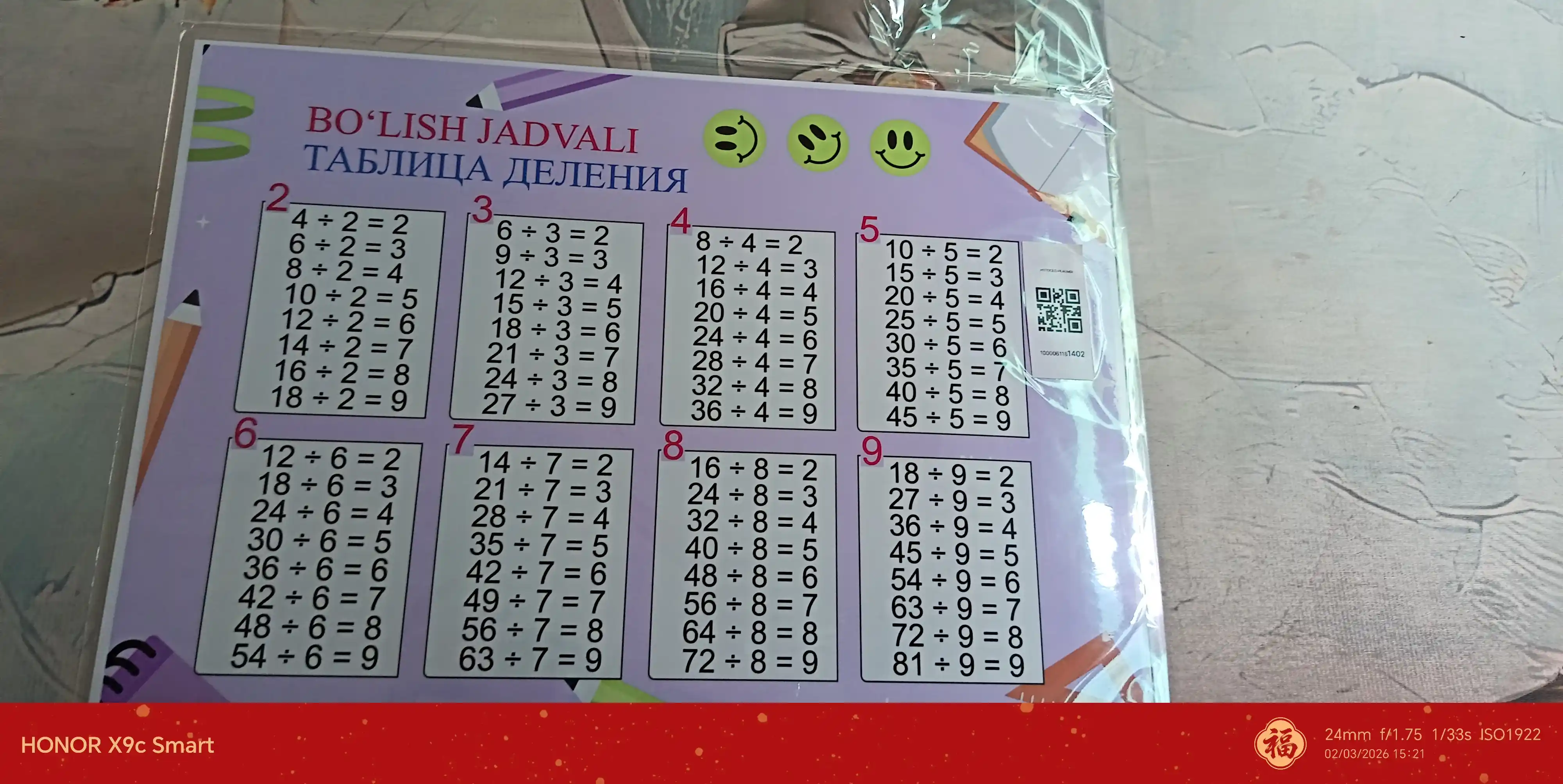2 ni 1 ga ko’paytirish va bo’lish jadvali, A4 formatdagi laminatsiyalangan o’quv plakati