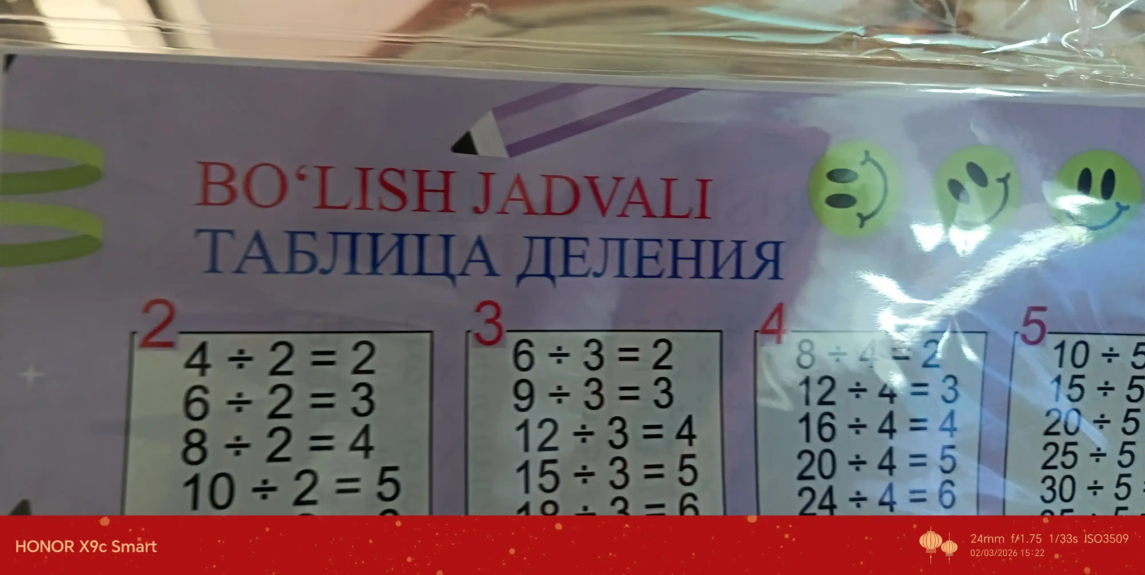 2 ni 1 ga ko’paytirish va bo’lish jadvali, A4 formatdagi laminatsiyalangan o’quv plakati