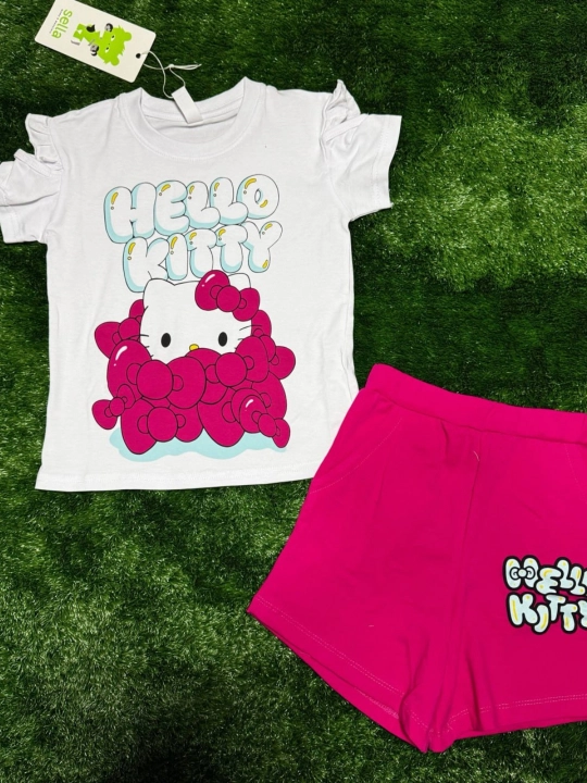 Комплект для девочек Hello Kitty: футболка и шорты, летний, хлопковый, 2-предметный