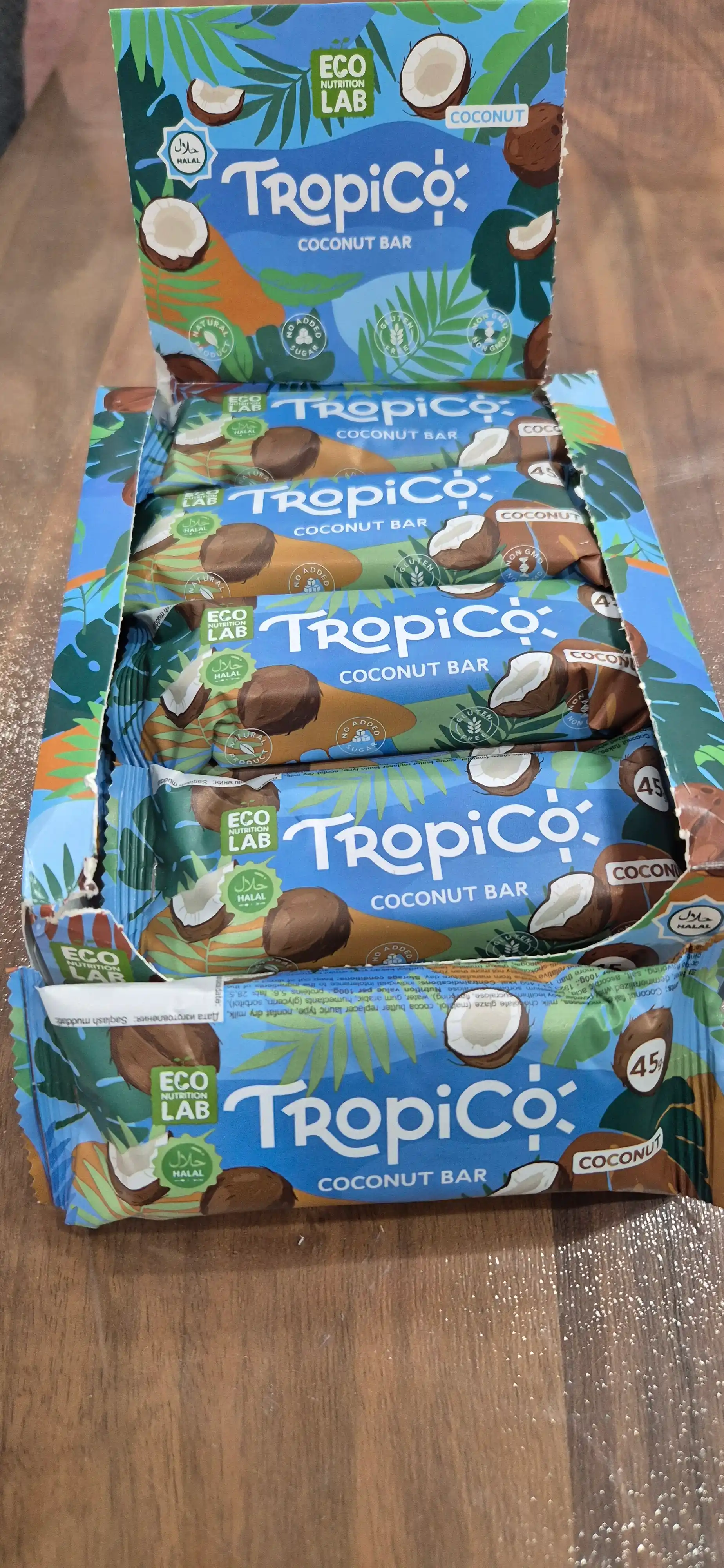 Кокосовый батончик TropiCo в шоколадной глазури, без сахара, 12 шт, 45 г