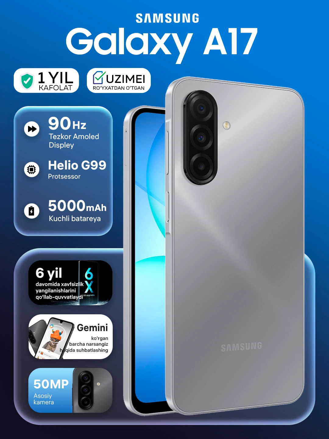 Смартфон Samsung Galaxy A17, 6.7" Super AMOLED 90Гц экран, камера 50Мп, 5000 мАч за 2345000 сум со скидкой 41%. Uzum Market