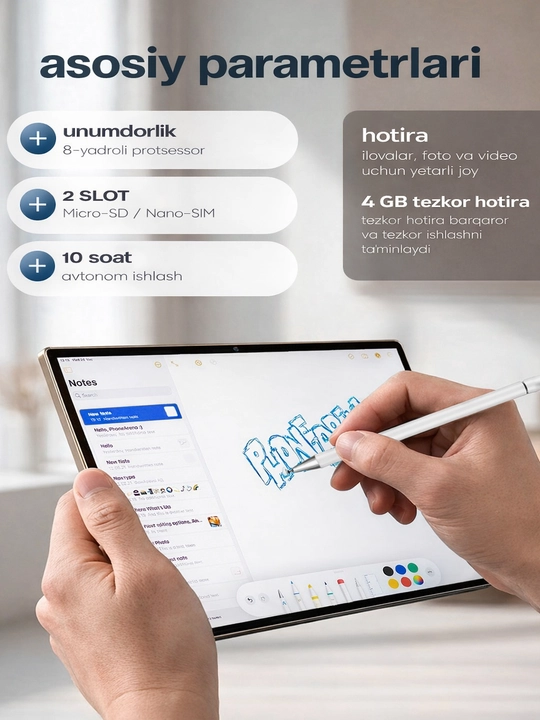 Planshet 10,1″ GB ish va o‘qish uchun, 5G, 2 SIM, klaviatura va sichqoncha bilan