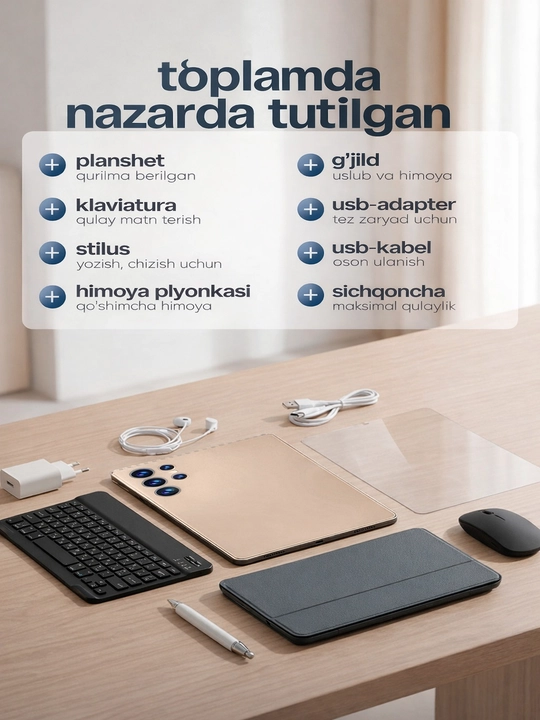 Planshet 10,1″ GB ish va o‘qish uchun, 5G, 2 SIM, klaviatura va sichqoncha bilan