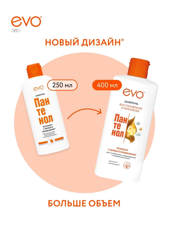 EVO/ЭВО Пантенол шампунь для ослабленных, поврежденных, окрашенных и сухих волос, 400 мл