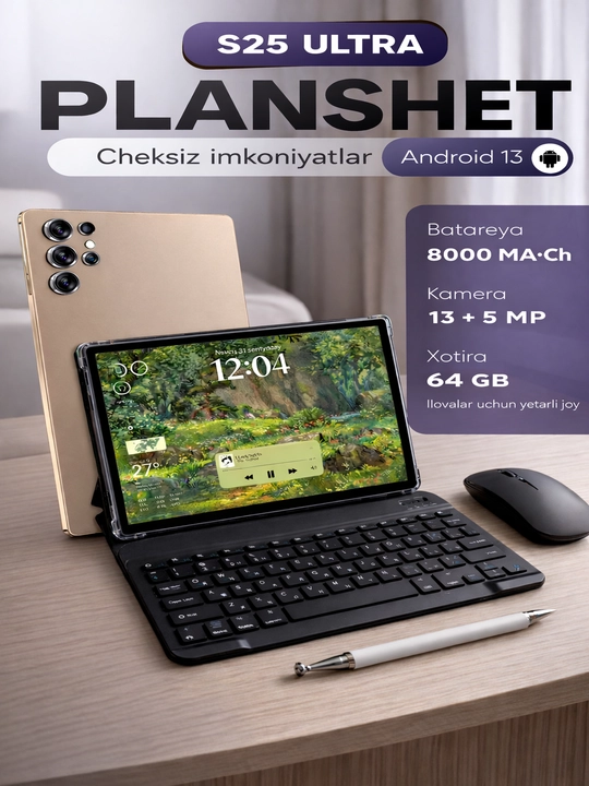 Planshet 10,1″ GB ish va o‘qish uchun, 5G, 2 SIM, klaviatura va sichqoncha bilan