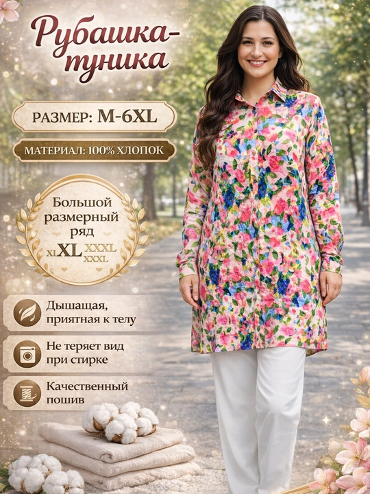 Rubashka-tunika ayollar uchun uzun ko‘ylak, bluzka paxta, M–6XL, yozgi, katta o‘lchamlar