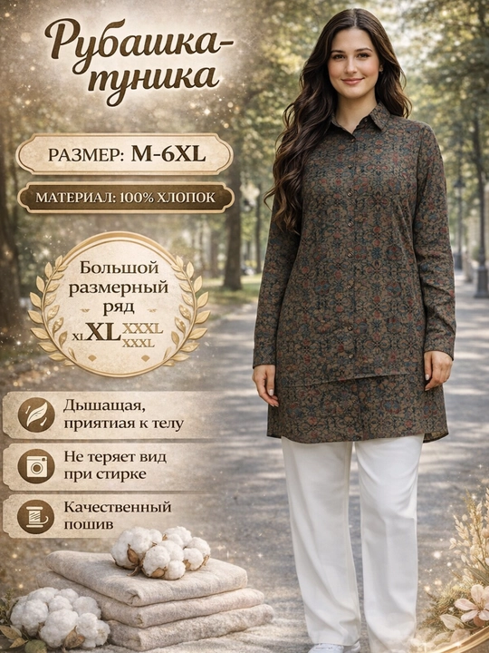 Rubashka-tunika ayollar uchun uzun ko‘ylak, bluzka paxta, M–6XL, yozgi, katta o‘lchamlar