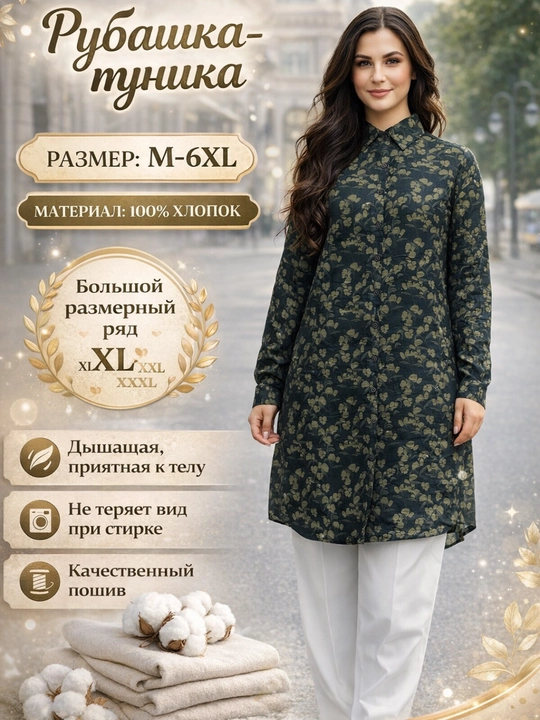 Rubashka-tunika ayollar uchun uzun ko‘ylak, bluzka paxta, M–6XL, yozgi, katta o‘lchamlar