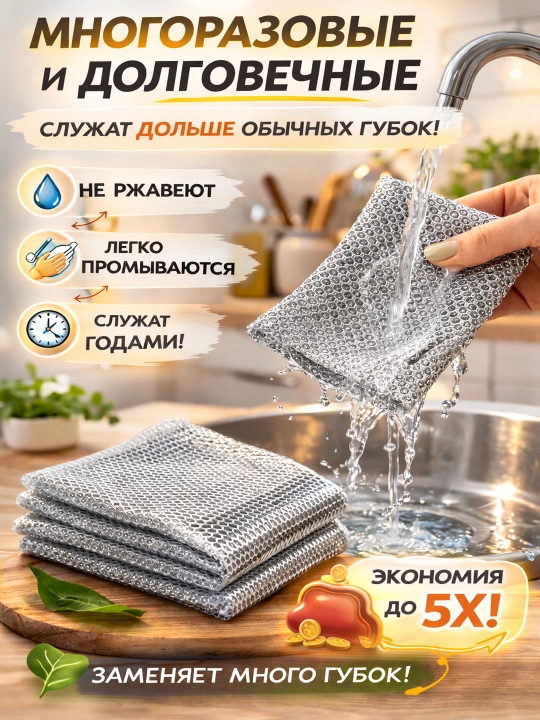 Металлические кухонные салфетки 3 шт 20×20 см, многоразовая губка, для посуды и плиты
