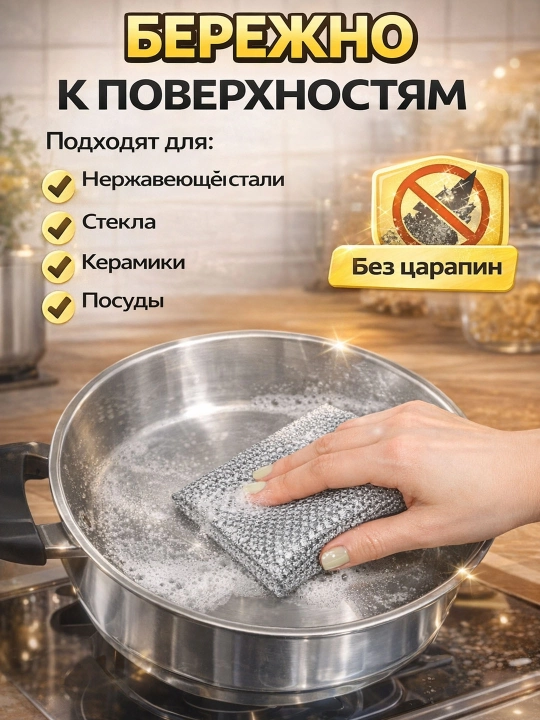 Металлические кухонные салфетки 3 шт 20×20 см, многоразовая губка, для посуды и плиты