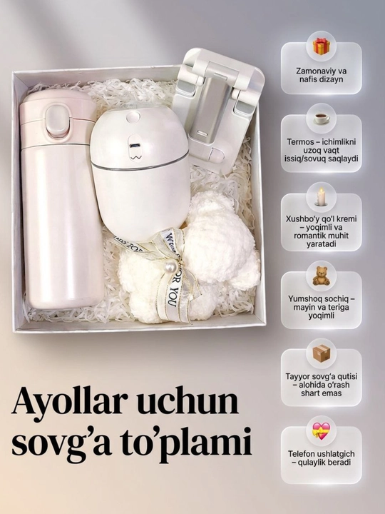 Ayollar uchun sovg'a to'plami,, 5  tasi 1 da, sumka va quti to'plamda 8 martga sovg'a - 