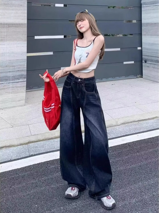 Ayollar uchun keng jinsi shimlar, to‘q ko‘k rang, high street uslubi, mavsumlari