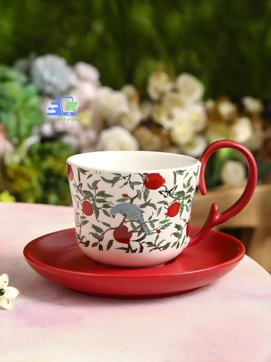 Чайная чашка с блюдцем, керамика, декоративный рисунок с птицей