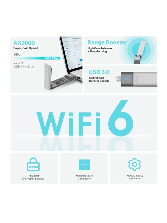 TP-LINK Archer TX50UH yuqori daromadli ikki tarmoqli simsiz USB adapteri, Wi-Fi 6