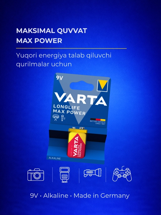 Batareyka VARTA 9V (6LR61) Longlife Max Power — mikrofon, pult, detektor - 