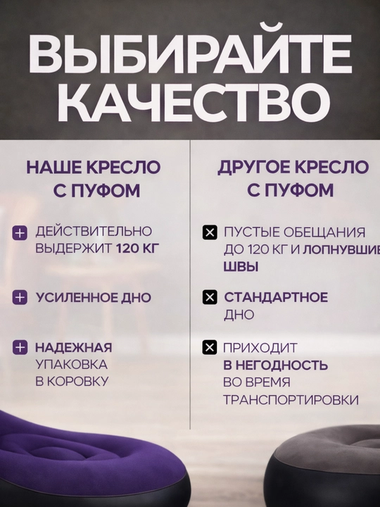 Karkassiz kreslo, 2 tasi 1 da qop, puflanadigan ko‘chma, yostiqchali yig‘ma divan, 120 kg