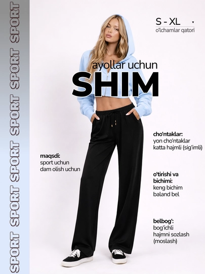 Ayollar shimlari, sport joggerlar, keng palazzo shimlar, sport shimlari, to‘g‘ri shimlar - 