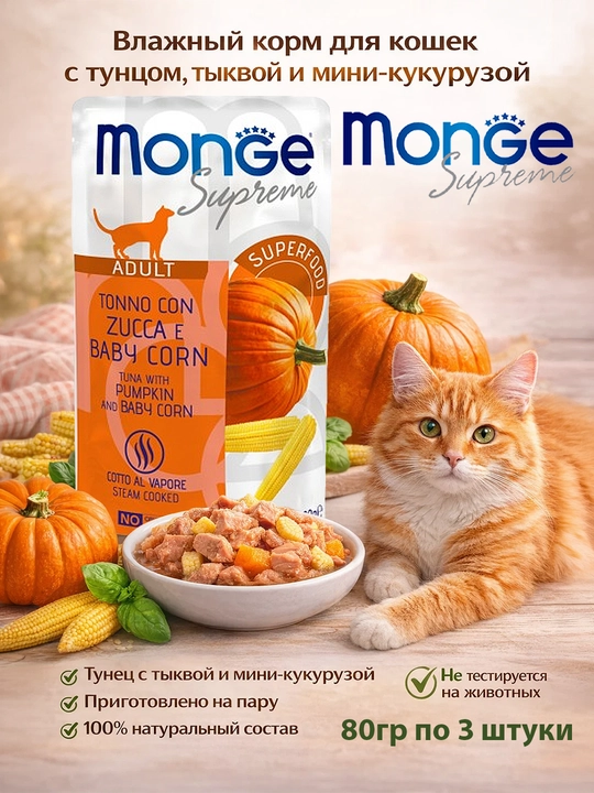 Monge pauch mushuklar uchun tunets mini jo‘xori va qovoq bilan 80gr 4 donadan - 