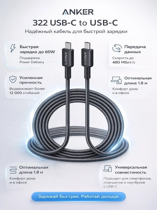 Anker 322 USB-C 60W 1.8 m — smartfon va noutbuk uchun ishonchli tezkor zaryad kabeli - 