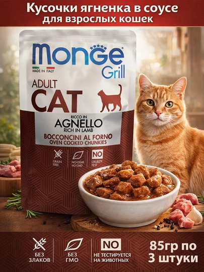 Monge пауч Grill для кошек с мясом ягнёнка 85 гр по 4 штуки