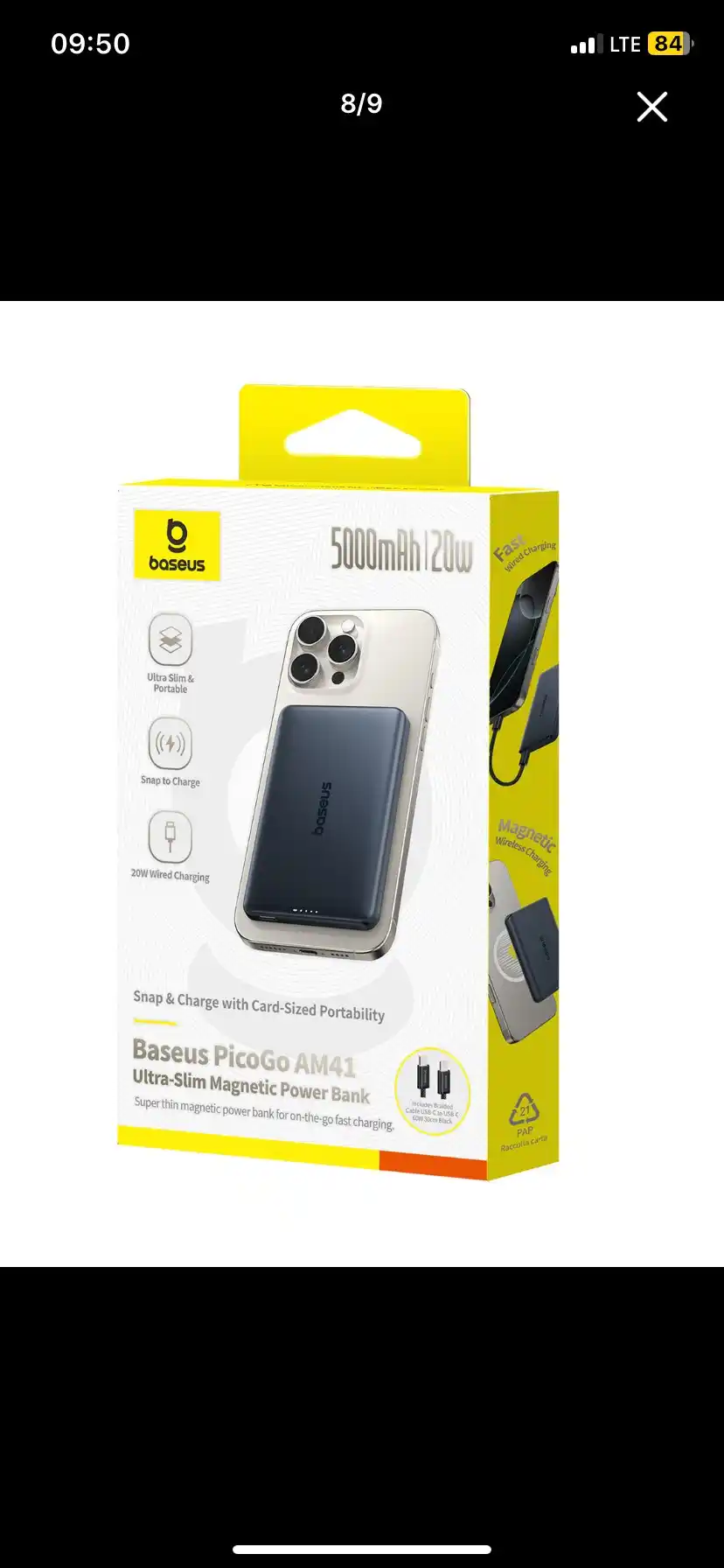 Simsiz Power bank Baseus PicoGo 5000 mA/soat MagSafe, 20W USB-C