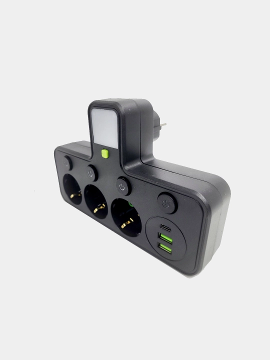 Сетевой фильтр тройник без провода с зарядкой ночником  2USB+TYPE-C цвет МИКС  - 