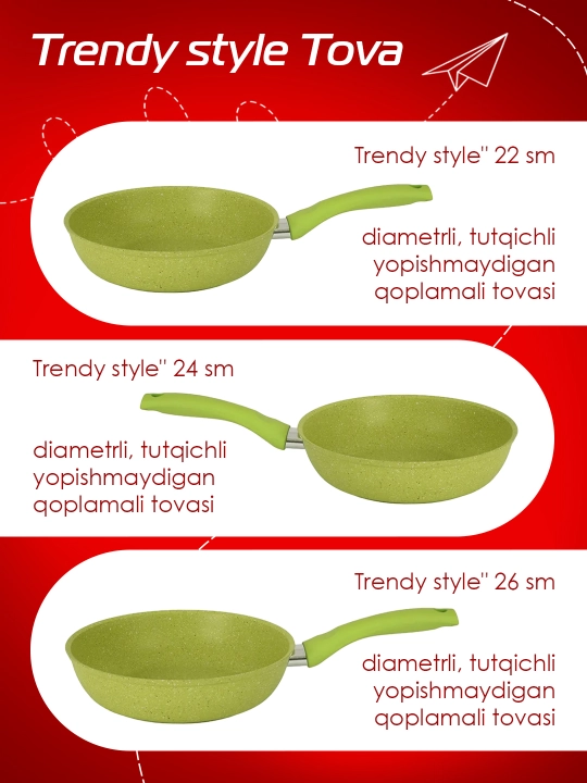 Tova Kukmara Trendy Style tutqich bilan, yopishmaydigan qoplama, laym
