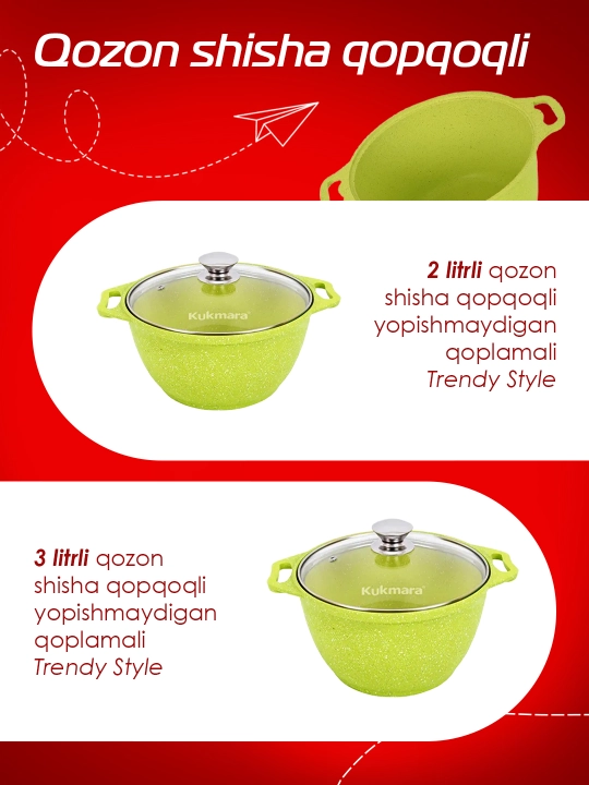 Kastryulya Kukmara Trendy Style, shisha qopqoq bilan, laym