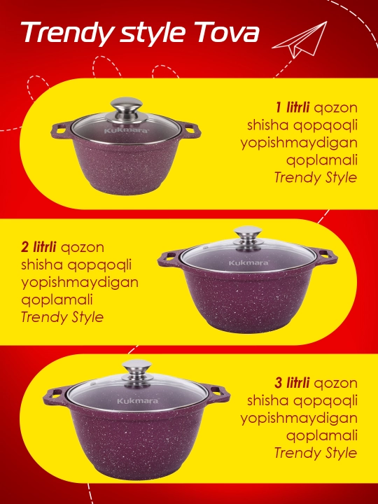 Kastryulya Kukmara Trendy Style, shisha qopqoq bilan, yopishmaydigan qoplama