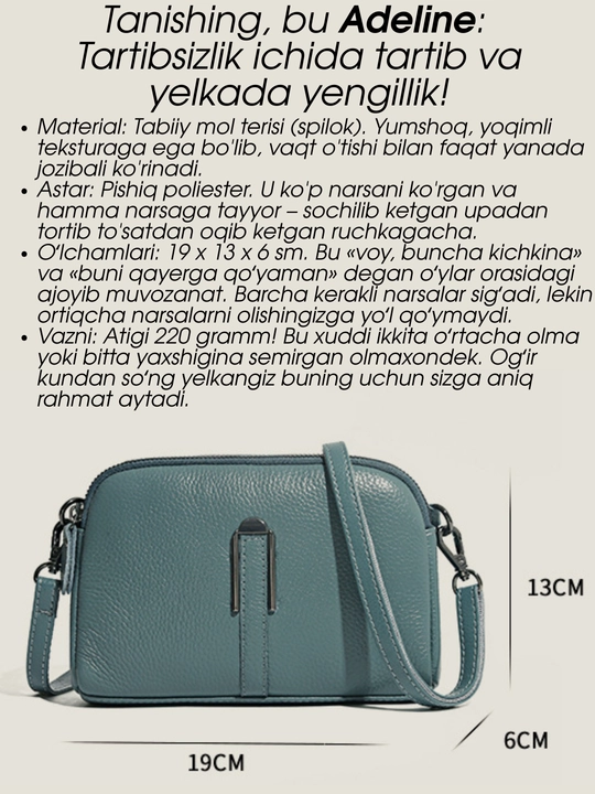 Ayollar sumkasi ADELINE, krossbodi, klatch, 2 ta tasma, tabiiy charm (spilok)
