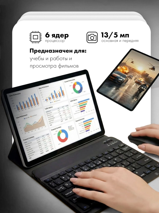 Planshet 10,1″ GB ish va o‘qish uchun, 5G, 2 SIM, klaviatura va sichqoncha bilan