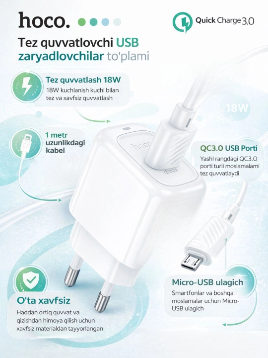 HOCO CS52A QC3.0 18w va 20W tezkor zaryadlovchi adapter + Micro-USB kabel