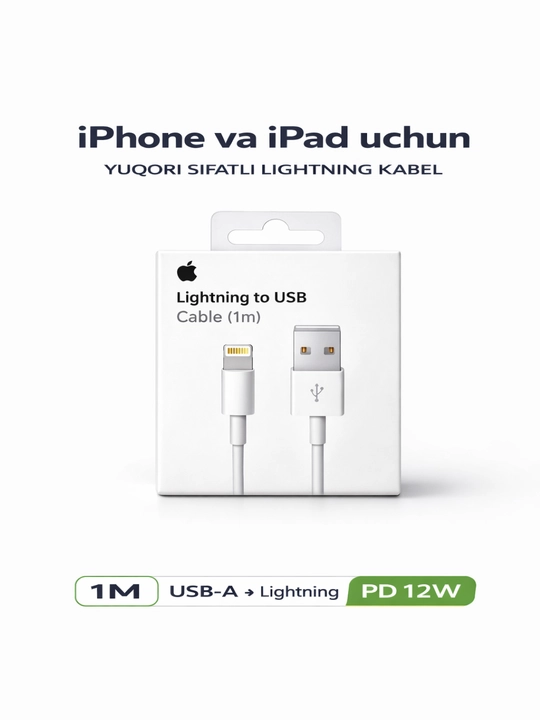 IPhone uchun USB to Lightning kabel 1m, iPhone X/11/12/13/14 uchun, tez zaryadlash - 