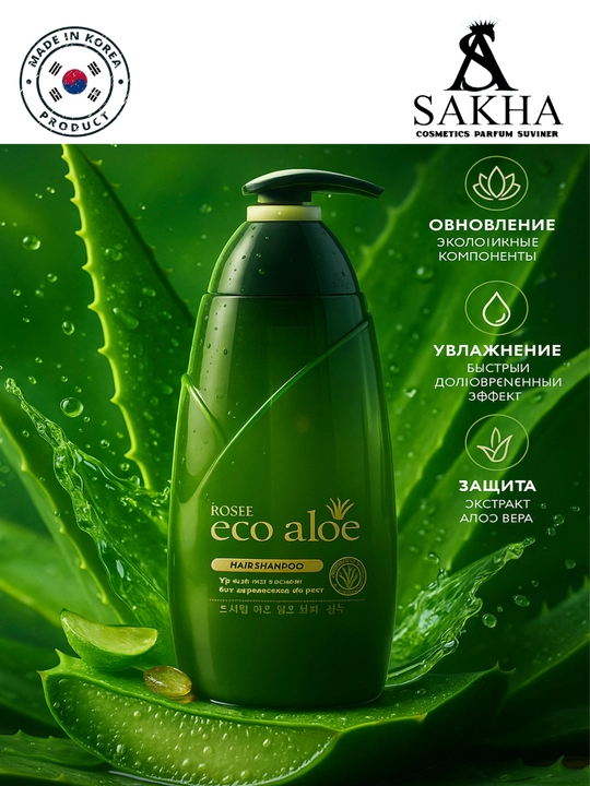 Увлажняющий корейский шампунь Rosse Eco Aloe, 760 мл - 