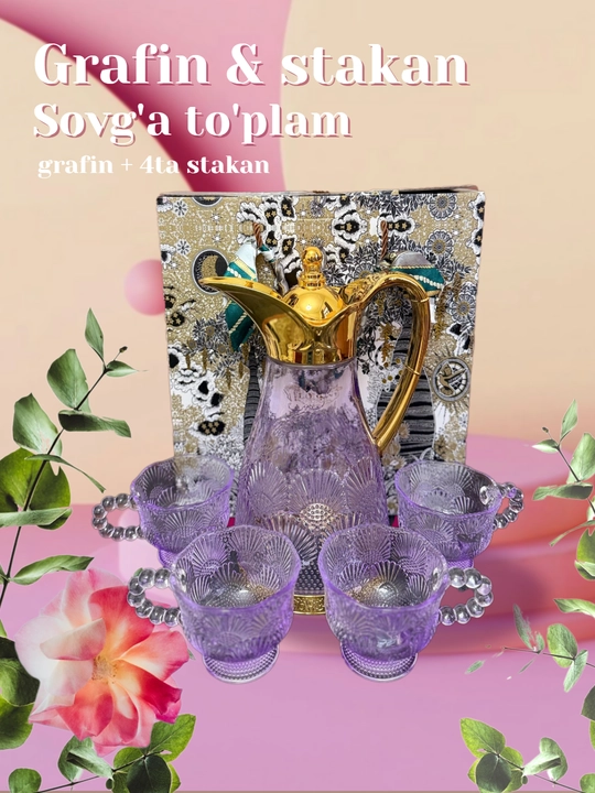 Qopqoqli shisha grafin va 4 dona stakanli sovg‘a to‘plami, choy va ichimliklar uchun - 