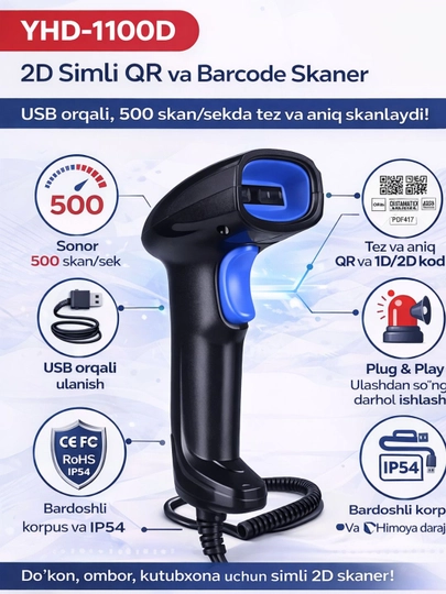 YHD-1100D 2D Simli Barcode Skaner, USB, 500 skan/sek, QR va 1D/2D - 