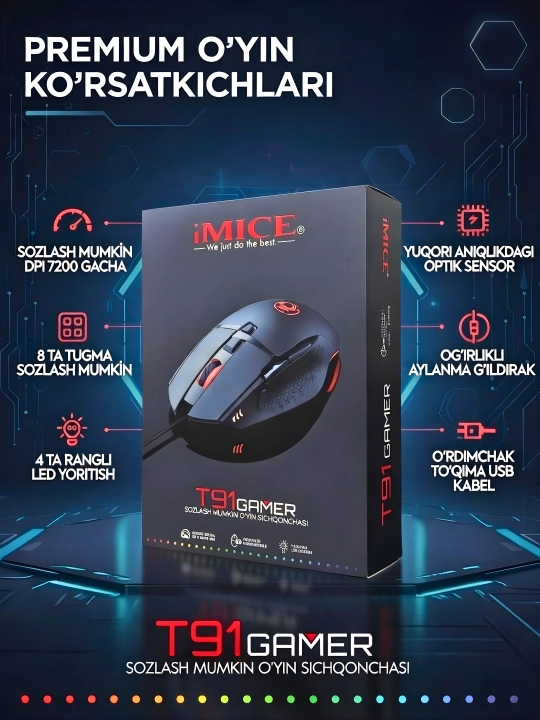 Gaming Mouse – Ergonomic Dizayn, 1200–7200 DPI, 8 Tugma, O‘yin Sichqoni
