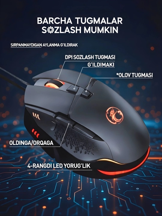 Gaming Mouse – Ergonomic Dizayn, 1200–7200 DPI, 8 Tugma, O‘yin Sichqoni