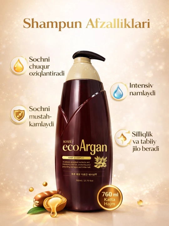 Eco Argan va Qora Sarimsoqli Shampun 760 ml, Soch uchun Oziqlantiruvchi va Mustahkamlovchi