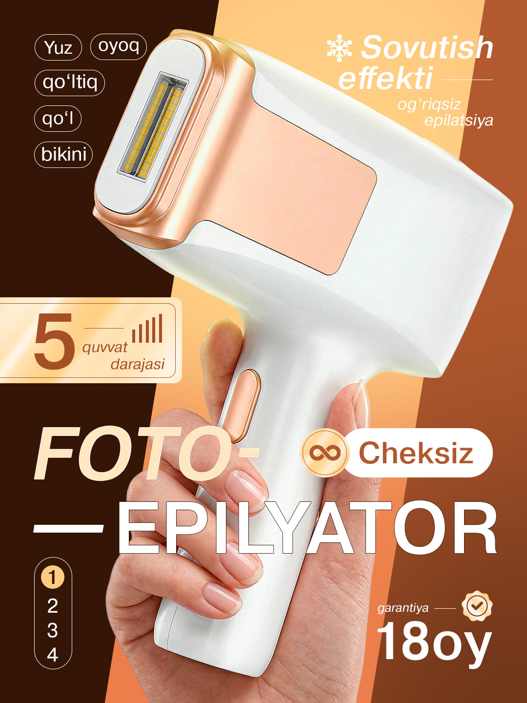 Uzface fotoepilyatori cheksiz chaqnash sochlarni olib tashlash uchun + 18 oy garantiya - 