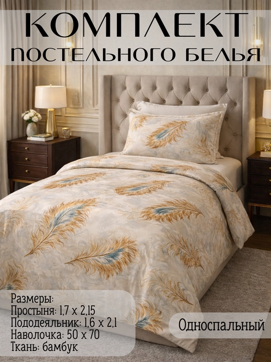 Комплект постельного белья, 1-2 спальное, 80% бамбук