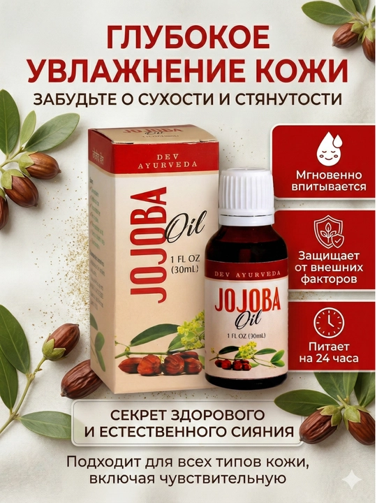 Jojoba yog‘i yuz, soch va tana uchun sovuq siqim, tabiiy, 30 ml