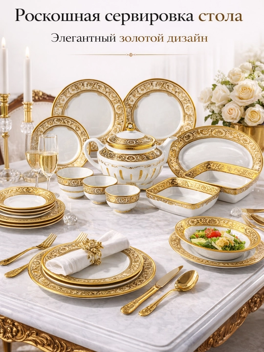 Набор фарфоровой посуды Golden Crown, 62 предмета, 12 персон, сервиз
