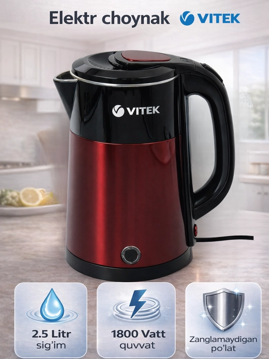 Elektrik choynak Vitek, 2.5 litr, 1800W, zanglamas po‘lat - 