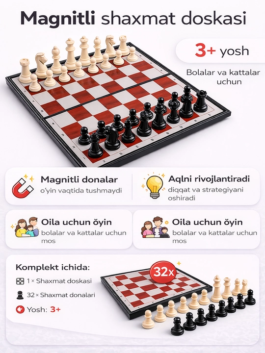Magnit shaxmat - bu kattalar va bolalar uchun mo‘ljallangan strategik stol o‘yini - 
