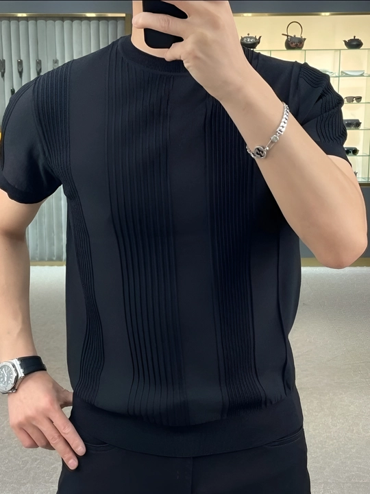Erkaklar uchun zamonaviy trikotaj futbolka, amerikanka – rellef chiziqli, slim fit - 
