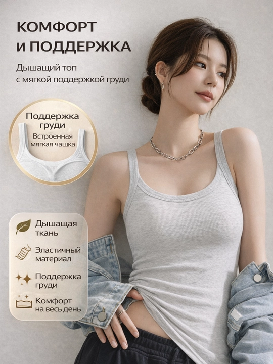 Женская майка-топ с поддержкой груди, без косточек, эластичная, базовая, вискоза - 
