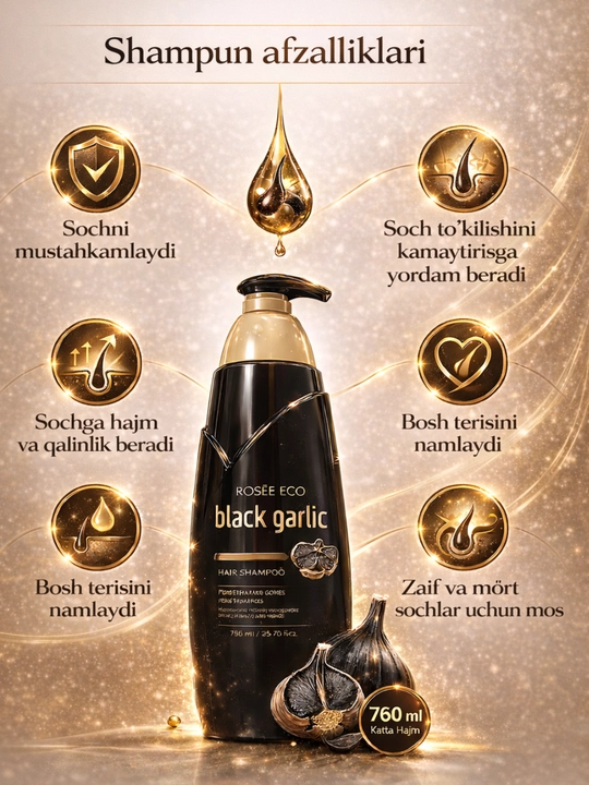 Eco Argan va Qora Sarimsoqli Shampun 760 ml, Soch uchun Oziqlantiruvchi va Mustahkamlovchi
