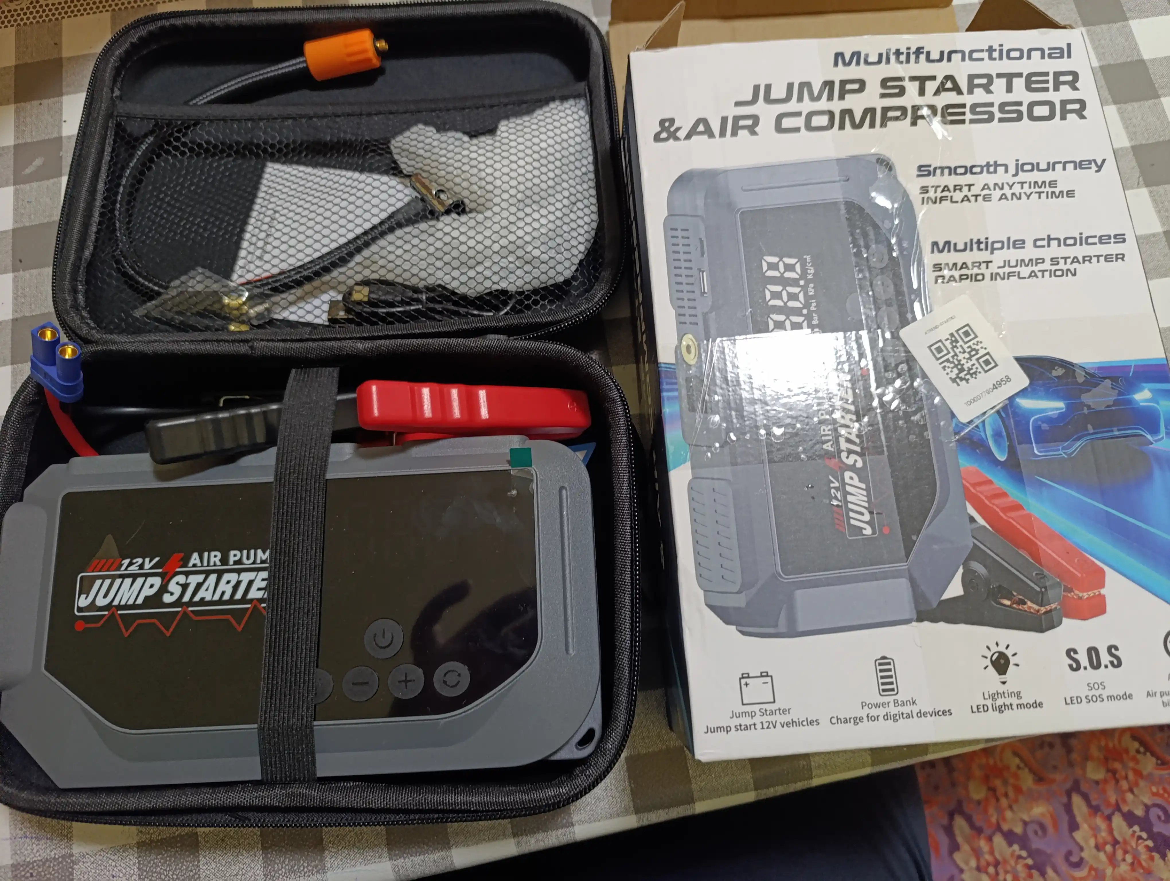 Start-zaryad qurilmasi kompressorli 12000 mA·soat, 3000A, LED fonar, 150 PSI