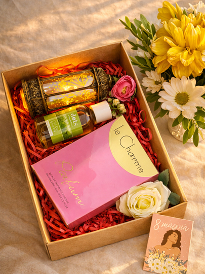 Ayollar uchun sovg'a to'plami: Atir + Aromadiffuzor + Dekorativ chiroq — tayyor giftbox